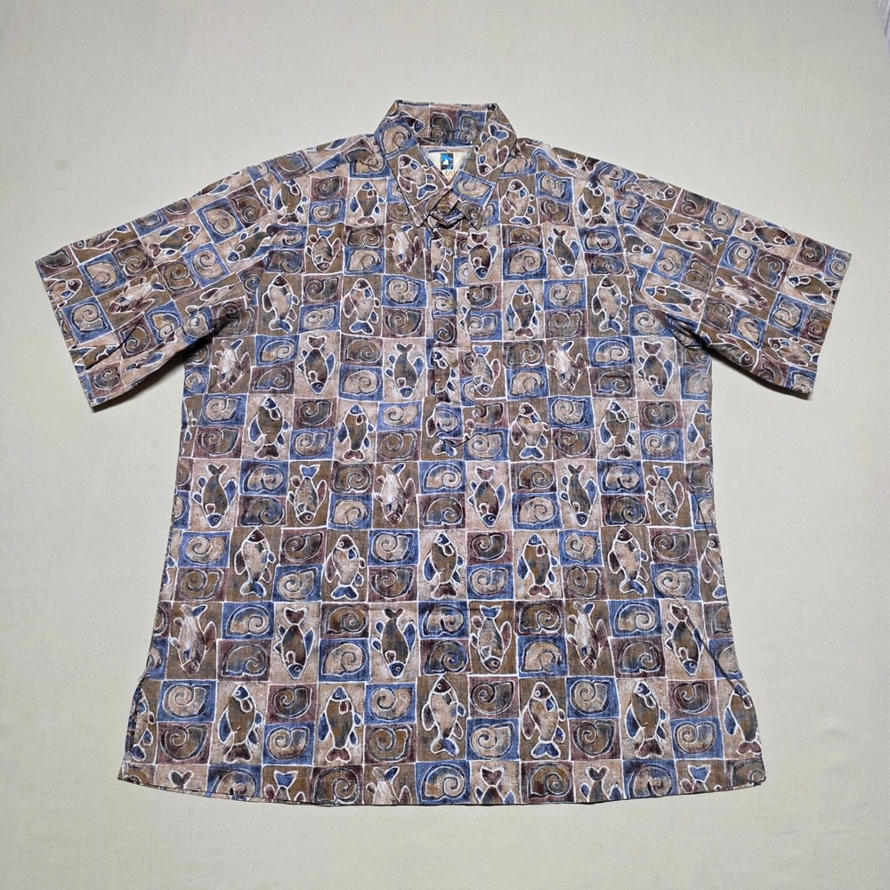 Kahala Men Medium Hawaiian Shirt Blue Brown Fish Shell Print Pullover ClassicFit